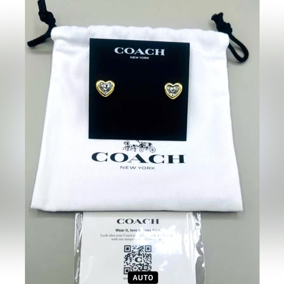 COACH Logo Crystal Heart Stud Gold-Tone Earrings with Signature Pouch NEW - Picture 2 of 5